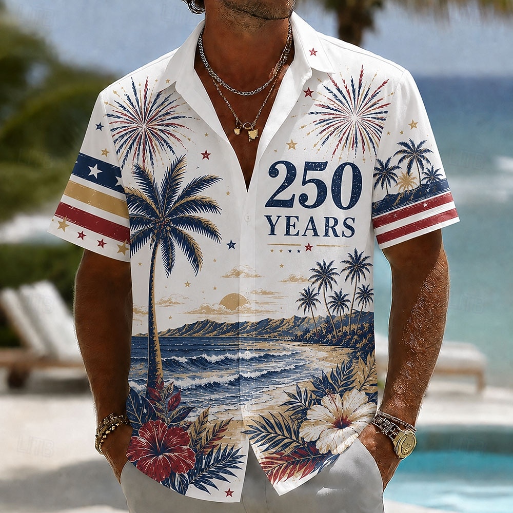 Camisa Masculina de Botão com Estampa Patriótica da Bandeira Americana 1776 2026 Manga Curta Top de Verão para Férias de 2026 por $25.99 –P2