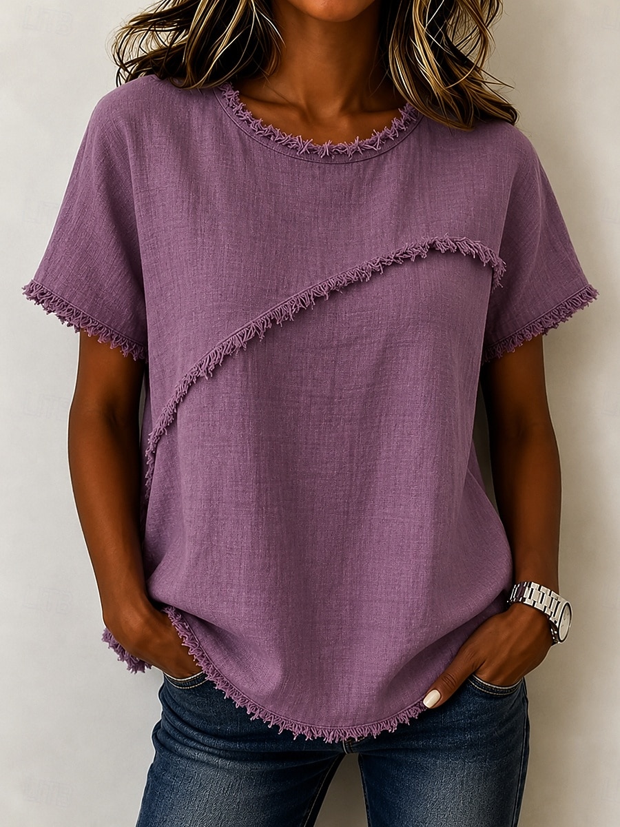 Women's T Shirt Tee Top Ruffle Plain Fashion Stylish Classic Short Sleeve Crew Neck Regular Tops Casual Daily Going out White Purple Green Khaki Apricot Summer Spring 2026 - $25.99 –P6
