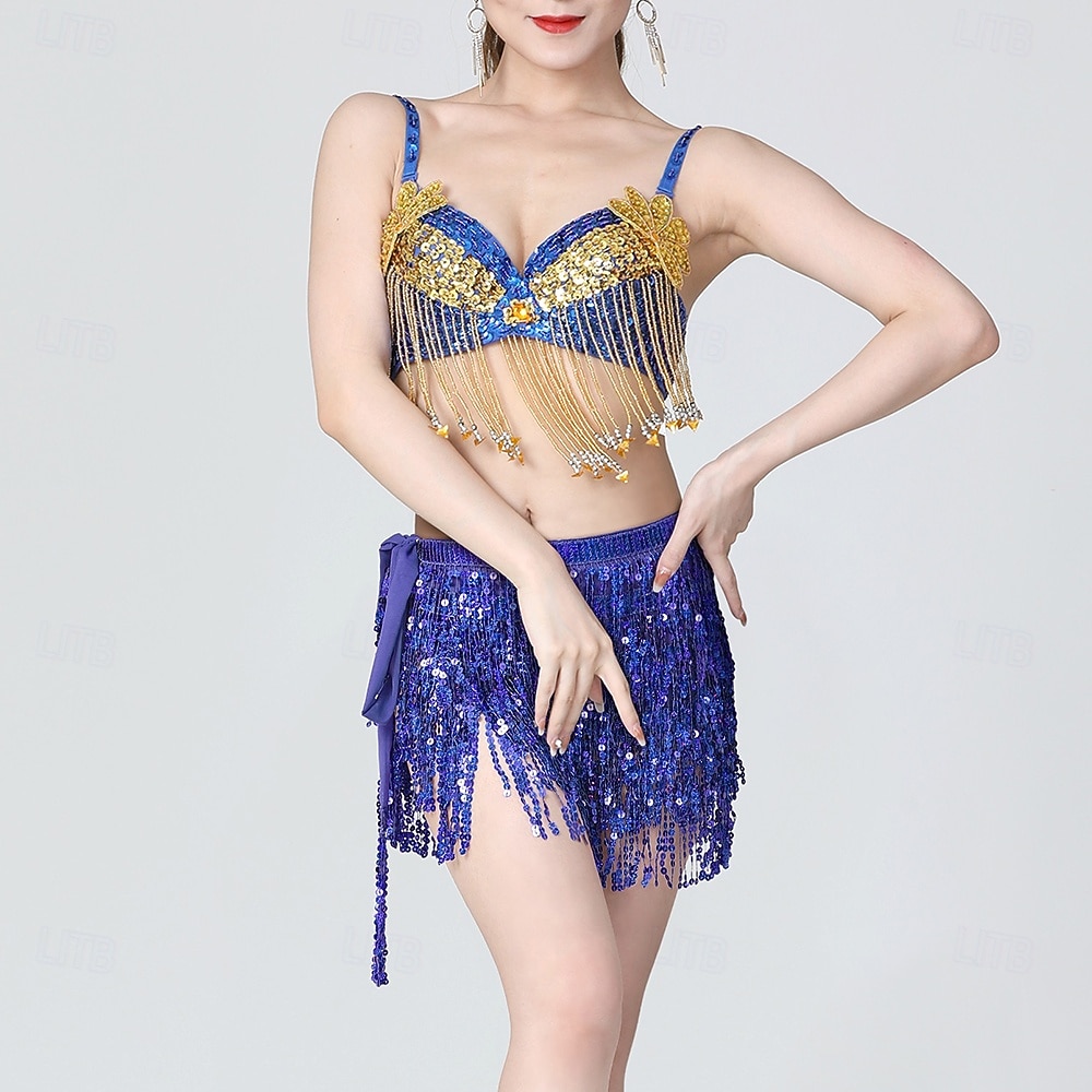 glitzerndes Königsblau für Damen &Goldenes Bauchtanzkostüm-Set – Pailletten-BH-Top und Fransenrock – Performance-Outfit für Latin Samba und Rave 2026 - $57.99 –P1