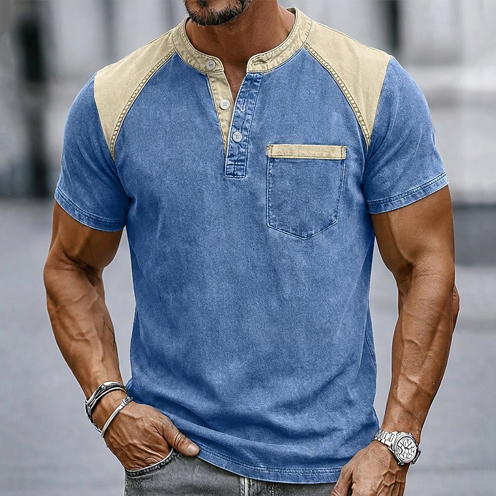 Men's T Shirt Henley Shirt 100% Cotton Acid Wash Shirt Tee Top Short Sleeve Plain Vintage Streetwear Casual Color Block Garment Dyed Raglan Sleeves Henley Casual Home Street Fall & Winter Summer 2026 - $35.99 –P5