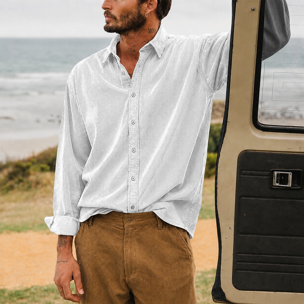 Men Shirt Casual Shirt Corduroy Shirt Button Up Shirt White Dark Brown Black Navy Blue Purple Long Sleeve Plain Shirt Collar Casual Daily Plain Clothing Apparel Elegant Fashion Casual 2026 - $29.99 –P3
