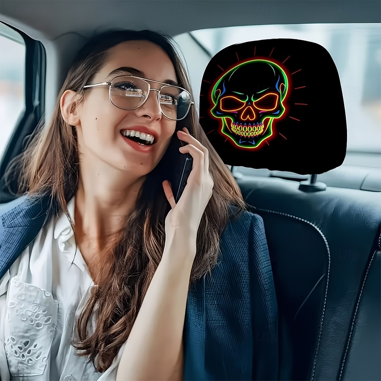 Fundas para reposacabezas de coche con cabeza de calavera fluorescente de neón (2/4 unidades), estampado de calavera de neón moderno y atractivo, decoración interior de coche personalizada, ajuste 2026 - $16.99 –P4