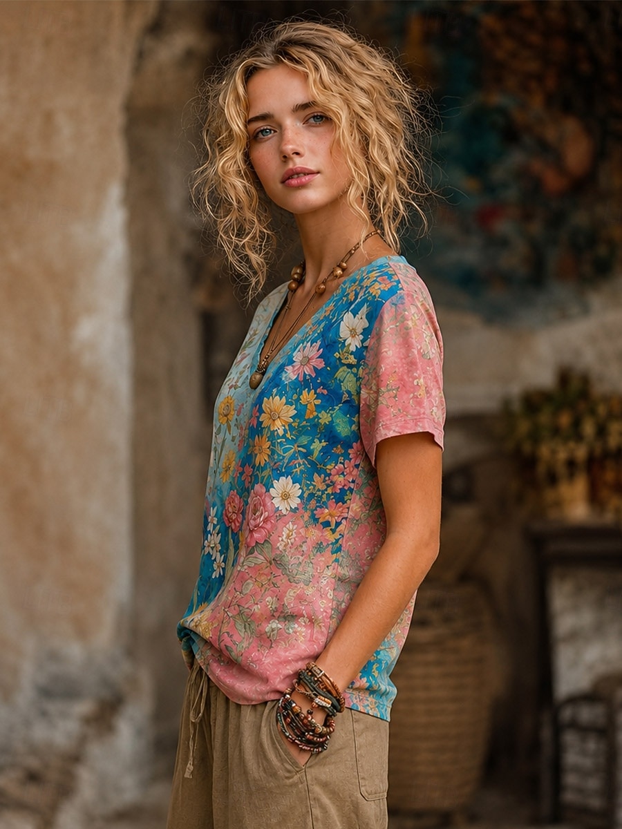 Mujer Camiseta bohemia Tops de verano Floral Graphic Plantas Elegante Bohemia Vintage Manga Corta Escote en Pico Tops regulares Casual Diario Deportes Azul Piscina Rosa albaricoque Rosa Verano 2026 - $21.99 –P3