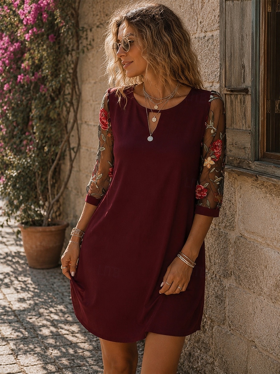 Per donna Mini Abito Abito a trapezio Boho Quotidiano Tinta unica Manica 3/4 Girocollo Nero Vino Verde Blu Estate Primavera Autunno del 2026 a $36.99 –P4