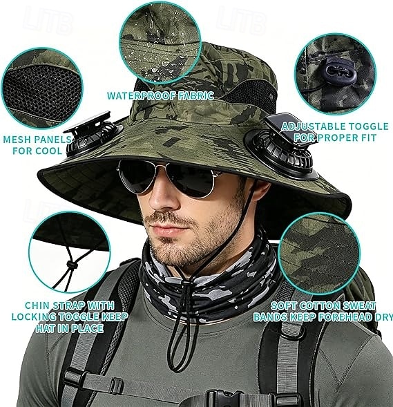 Cappello da sole a tesa larga per esterni con 2 ventole solari, cappello a secchiello per uomo e donna, protezione UPF 50+, ideale per la pesca. &Cappello da spiaggia con ventola incorporata del 2026 a $30.99 –P1