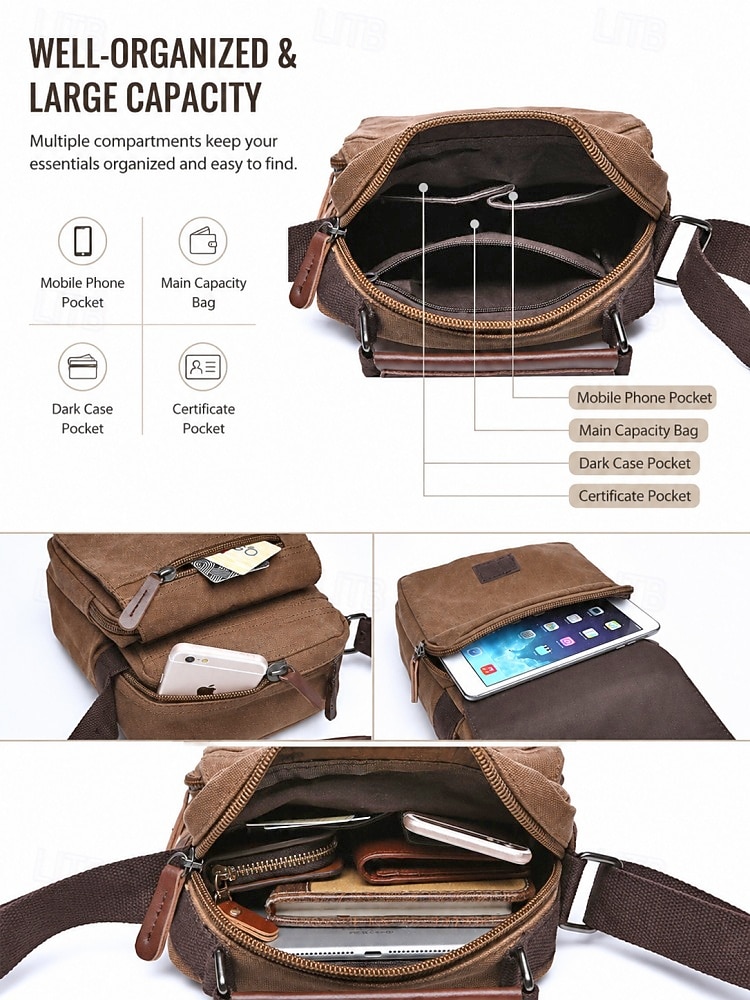 Men's Multi-Color Canvas Shoulder Crossbody Bag, Large Capacity Multi-Pocket Messenger Bag for Travel, Work, Daily Use, Casual Vintage Small Satchel for Men 2026 - $29.99 –P6