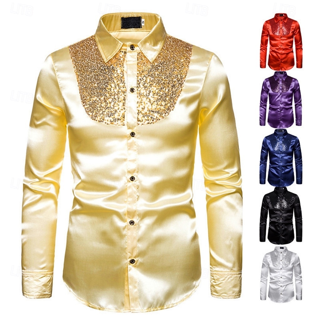 Men's Shirt Satin Shirt Dress Shirt Casual Shirt Solid Color Outdoor Work Black White Red Navy Blue Long Sleeve Turndown Summer Spring Clothing Apparel Sequins 2026 - $26.99 –P1