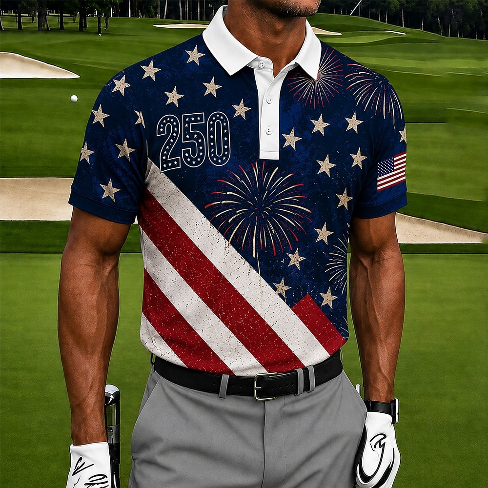 4th of July 2026 250th Men's American Flag Golf Sports Polo Shirts Short Sleeve Polo Shirts Collared Shirts Casual Athleisure 3D Print Buttons Breathable Mesh Summer Spring Blue 1 Blue 3# Blue 2# 2026 - $22.99 –P4