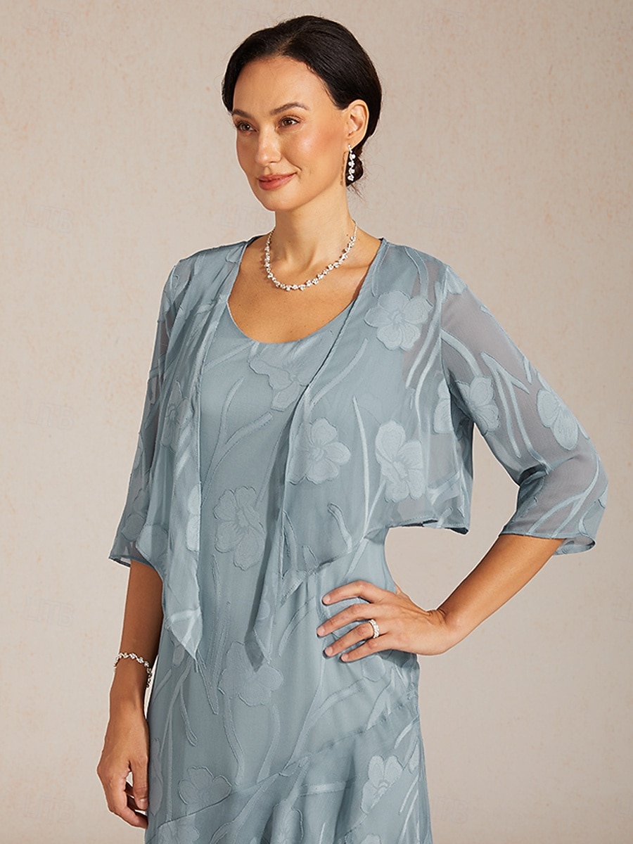 Mulheres encolhe os ombros Renda Ilusão Floral Elegante à moda Manga 3/4 Gola Redonda Tops regulares Diário Convidado do casamento Roupas de férias Cinza celeste Verão Primavera Outono de 2026 por $49.99 –P1