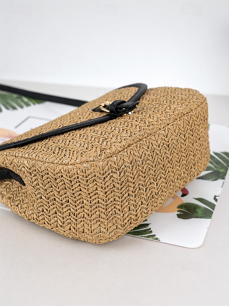 Geantă crossbody boemă pentru femei din paie, geantă de umăr țesută de vară cu curea de umăr reglabilă în culorile fildeș și kaki, geantă ușoară pentru vacanță, călătorii, brunch și purtare zilnică 2026 - $19.99 –P6