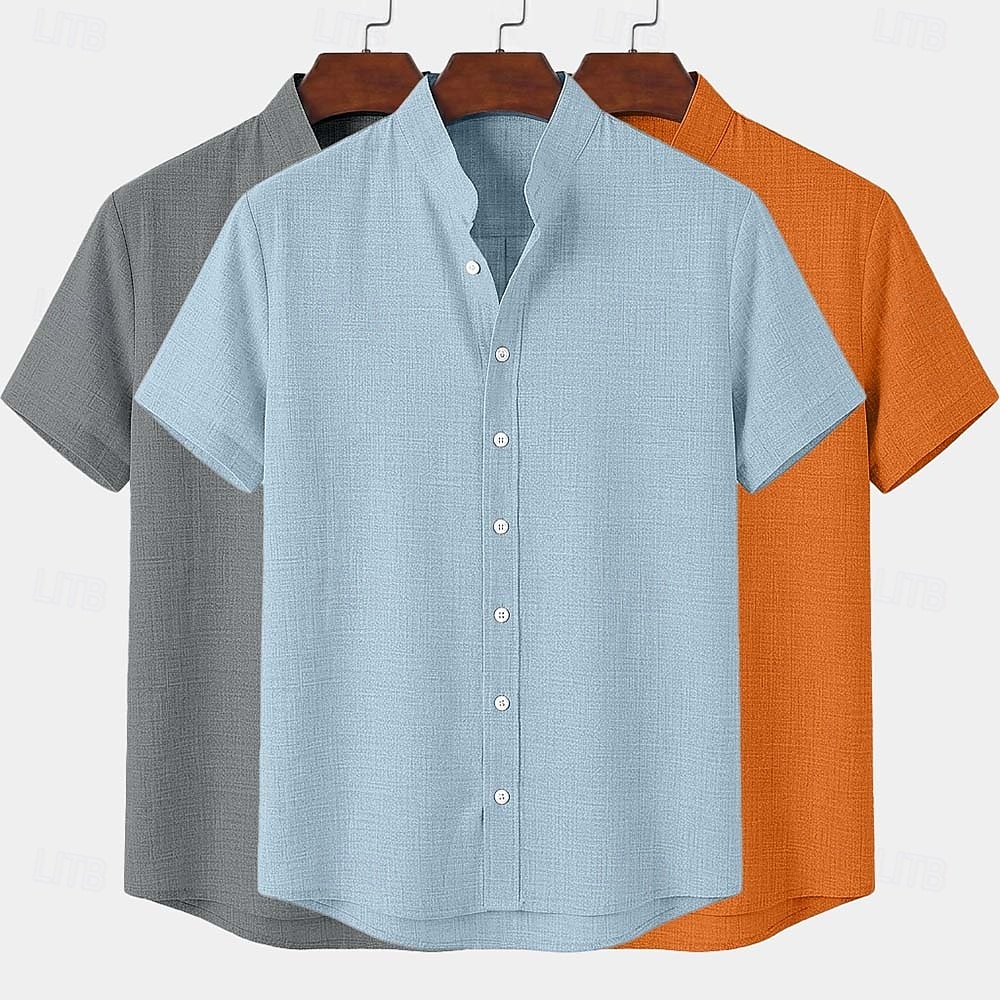 Men Shirt Linen Shirt Summer Shirt Band Collar Shirt Button Up Shirt Plain Casual Daily Black+White+Gray Black+Blue+Gray White+Gray+Blue Orange+Gray+Black Short Sleeve Stand Collar Summer Clothing 2026 - $45.99 –P9