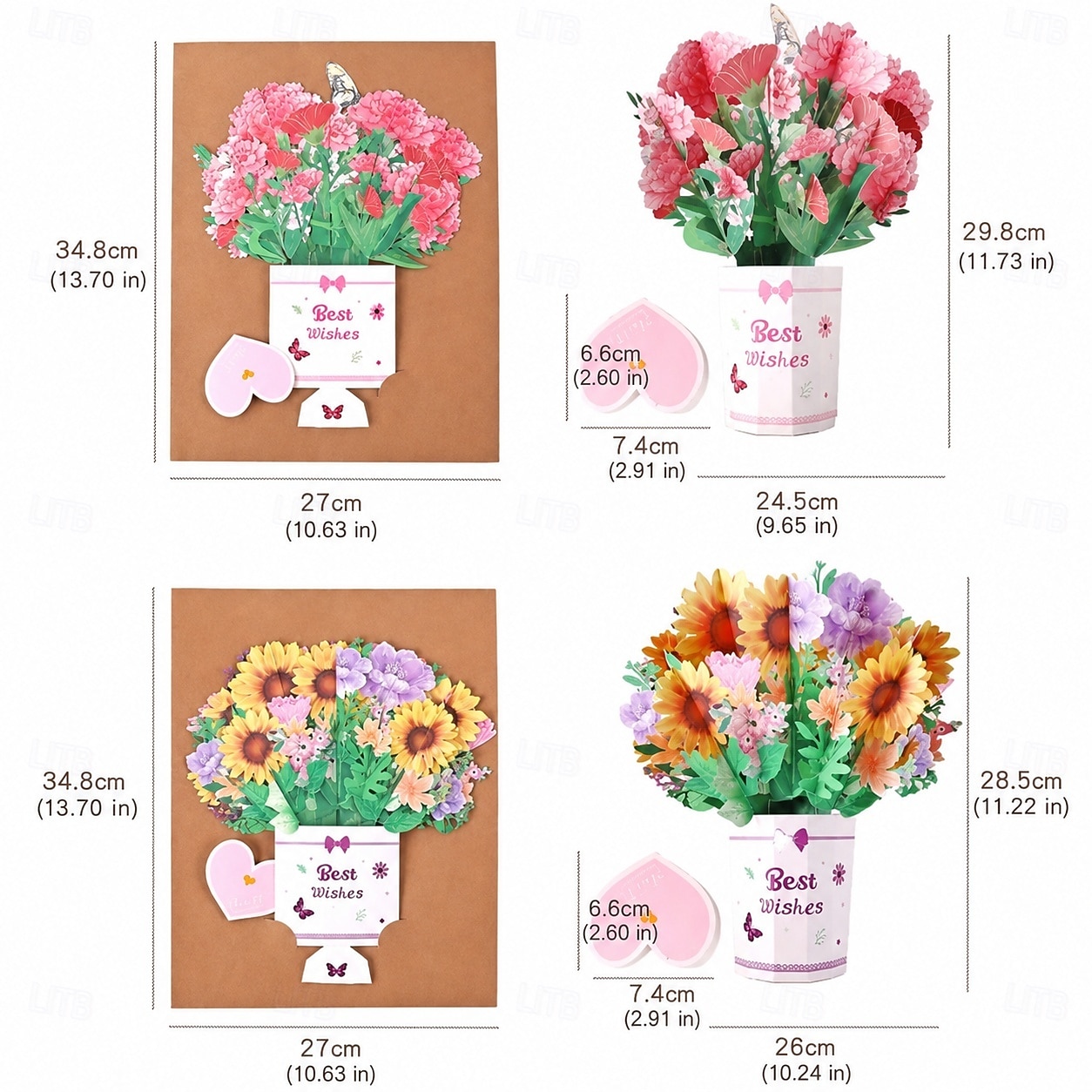 Confezione da 2 biglietti d'auguri 3D a comparsa con bouquet di fiori e girasoli &Garofani di carta in vaso per la festa della mamma, compleanno, anniversario, auguri di pronta guarigione, biglietto del 2026 a $25.99 –P1