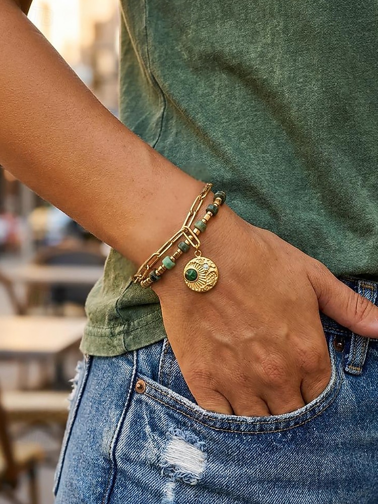Damen-Doppelarmband im Boho-Stil mit mehreren Lagen Perlen, Naturstein &Charm-Armband aus Titanstahl für Damen, Sommer-Schmuckstück mit mehreren Anhängern – perfekt für Urlaub, Alltag und als Geschenk 2026 - $14.99 –P3