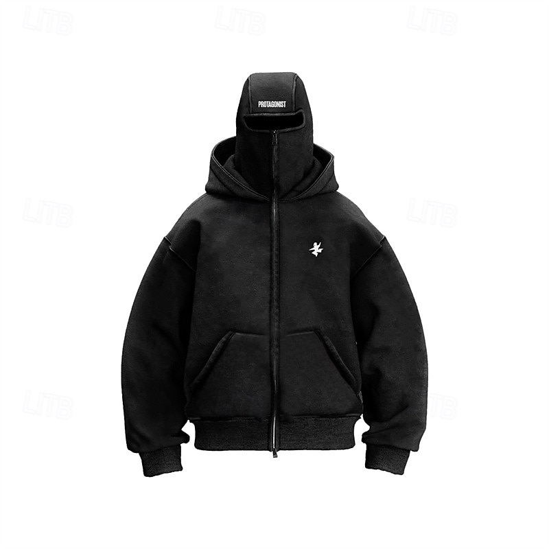 Sudadera con capucha y pasamontañas para hombre, con cremallera completa, pasamontañas, capucha negra, blanca y roja, con bolsillo liso, para deportes al aire libre, uso diario, vacaciones, poliéster, ropa de calle básica, informal, para primavera y otoño 2026 - $38.99 –P3