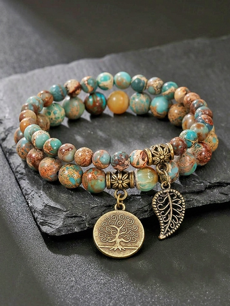 Set di braccialetti da donna bohémien a strati con perline di pietra naturale, albero della vita e ciondoli a forma di foglia, gioielli da polso impilabili multicolore in 2 pezzi per l'uso quotidiano, del 2026 a $14.99 –P7