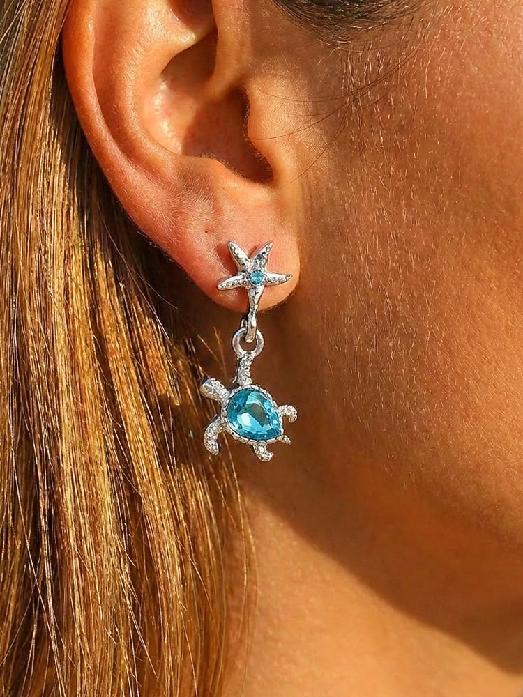 Pendientes colgantes de tortuga marina para mujer, de aleación de plata, con estrella de mar y cristal azul, ideales para vacaciones, cruceros, resorts, fiestas de verano y bodas costeras. 2026 - $7.99 –P2