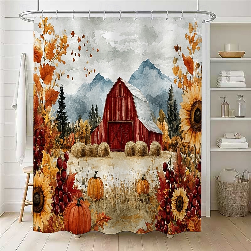 Autumn Harvest Festival Pumpkin Leaf Printed Shower Curtain, Waterproof Fabric Bathroom Decor with 12 Plastic Hooks, Machine Washable 2026 - $26.99 –P4