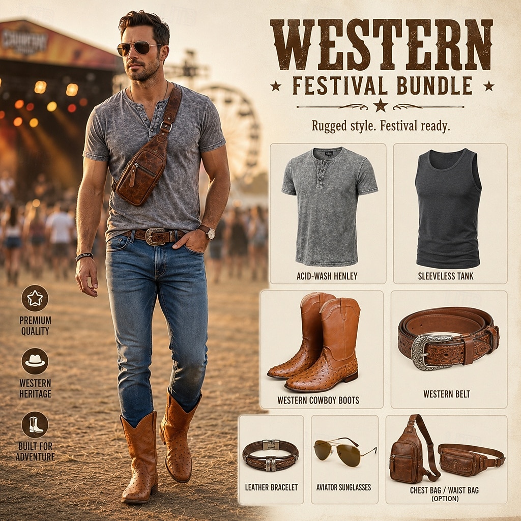 Men's Ostrich Texture Cowboy Boots – Premium Western Leather Boots for Music Festivals, Country Concerts, Outdoor Parties & Bar Nights 2026 - $69.99 –P1