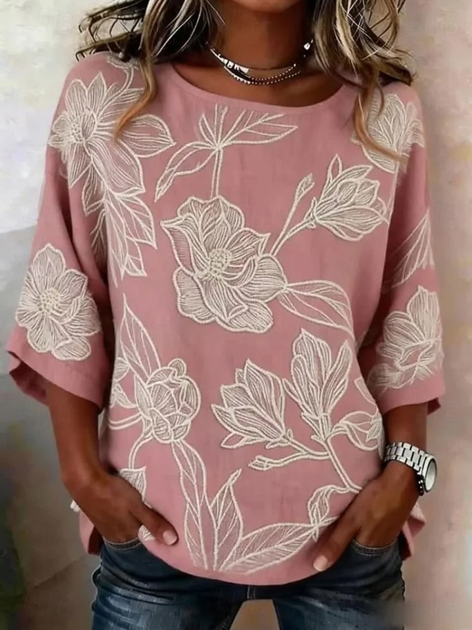 Women's Blouse Print Floral Graphic Plants Bohemia Tropical Stylish 3/4 Length Sleeve Crew Neck Regular Tops Casual Daily Vacation Wear Black Pink Summer Spring 2026 - $28.99 –P2