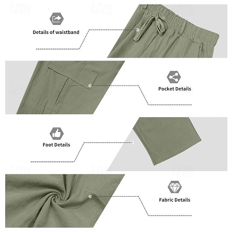 Homens Calças de linho Calças Calça verão Bolso multi Perna reta Tecido Conforto Respirável Comprimento total Diário Ao ar livre Para Noite Moda Roupa de rua Azul Branco de 2026 por $29.99 –P4