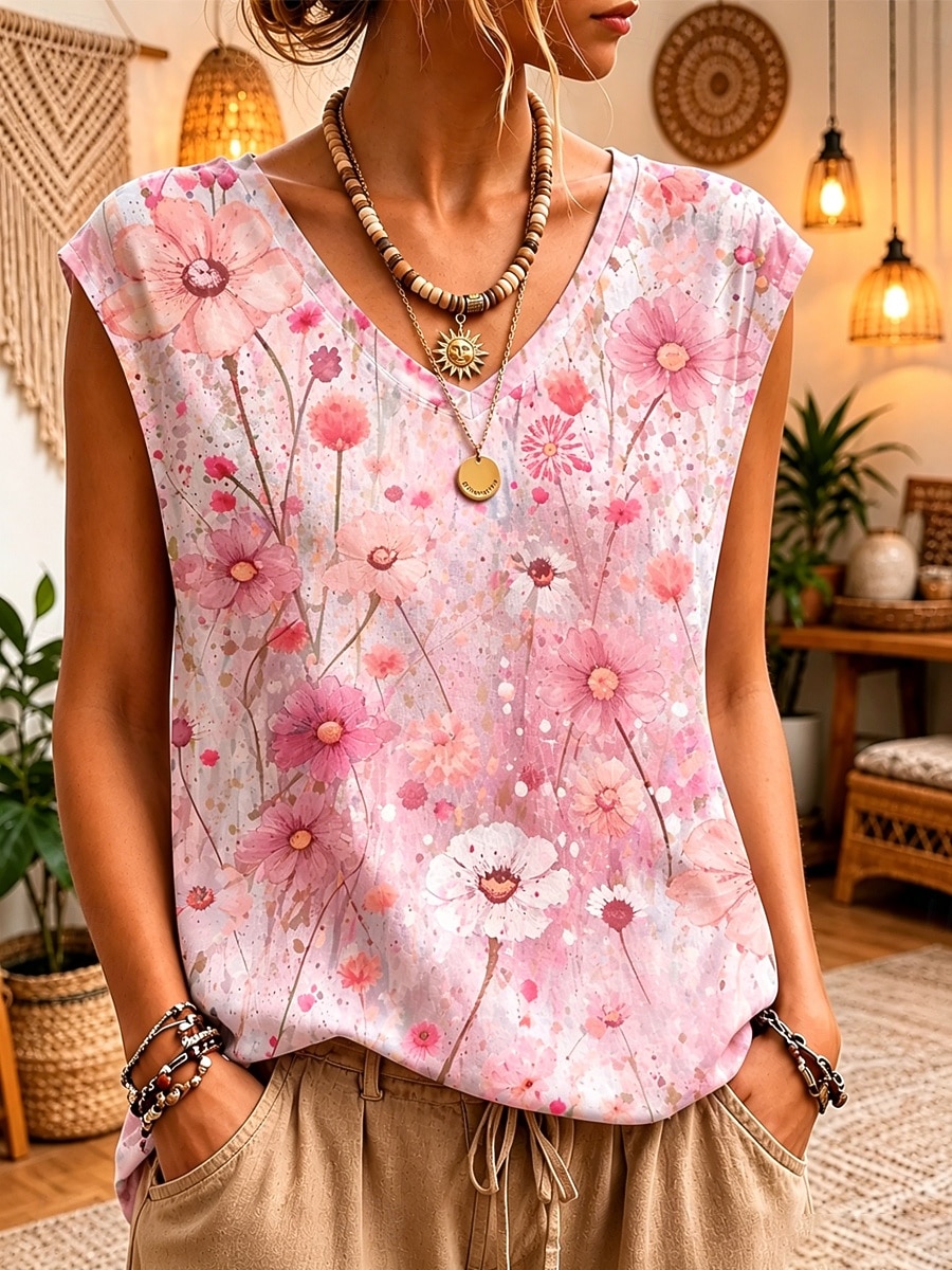 Per donna Canotta Stampato Floreale Grafico Vintage Elegante Casual Senza Maniche Scollo a V Top Regolari Casuale Quotidiano Abbigliamento da vacanza Blu Rosa Rosso Estate Primavera del 2026 a $19.99 –P2