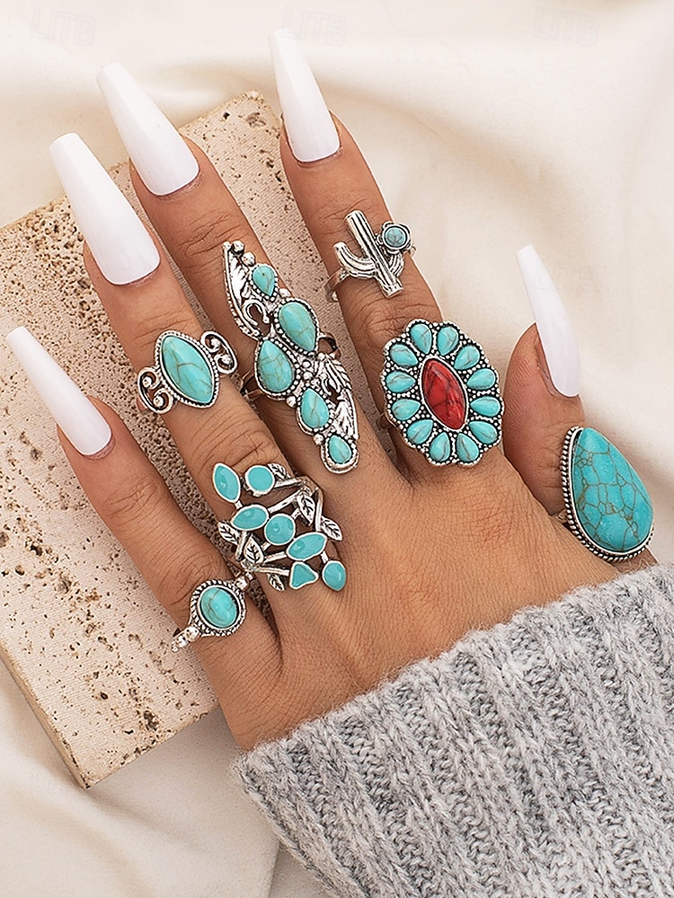 set di anelli turchesi da donna, anelli impilabili in lega d'argento vintage, gioielli boho sud-occidentali western da cowgirl, anelli vistosi con cactus floreali per vacanze, festival e uso del 2026 a $11.99 –P2