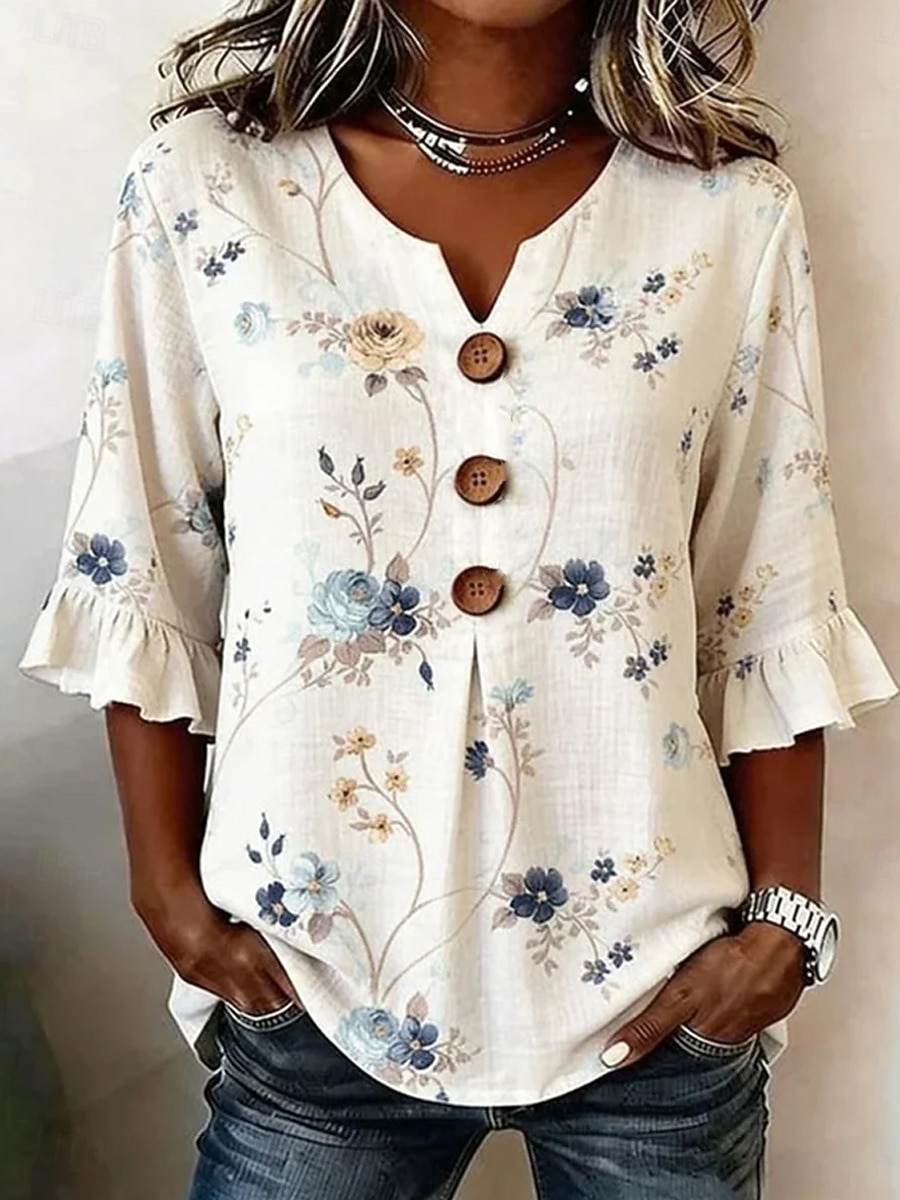Per donna Camicia Bottoni Stampato Floreale Grafico Vintage Elegante Manica 3/4 Scollo a V Top Regolari Casuale Quotidiano Ferie Rosso Azzurro Estate Primavera del 2026 a $26.99 –P1