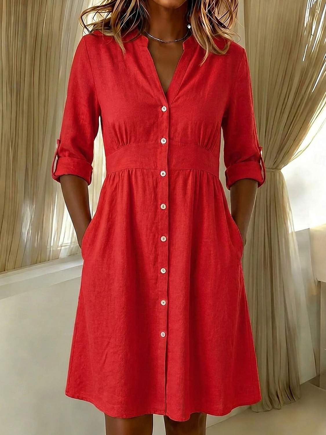Damen Knielanges Kleid Baumwoll-Leinen-Kleider Hemdblusenkleid Elegant Urlaub Klassisch Täglich Büro Urlaub Normale Passform Einfach Langarm V Ausschnitt Rote Marineblau Orange Sommer Frühling 2026 - $18.49 –P8