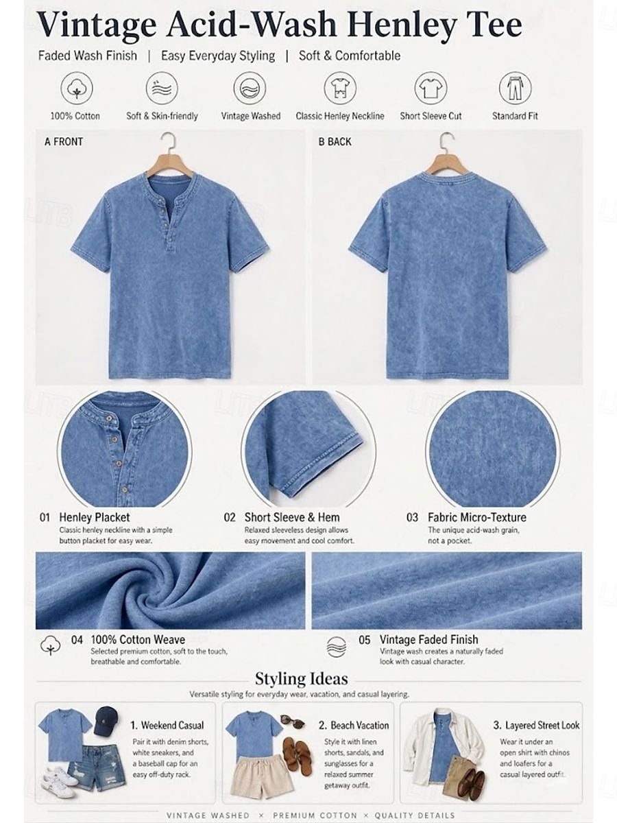 SoftFade™ Women's 100% Cotton Henley Shirt Solid Color Vintage Fashion Stylish Short Sleeve V Neck Regular Tops Casual Beach Blue Khaki Black Purple Orange Summer Spring 2026 - $28.99 –P3