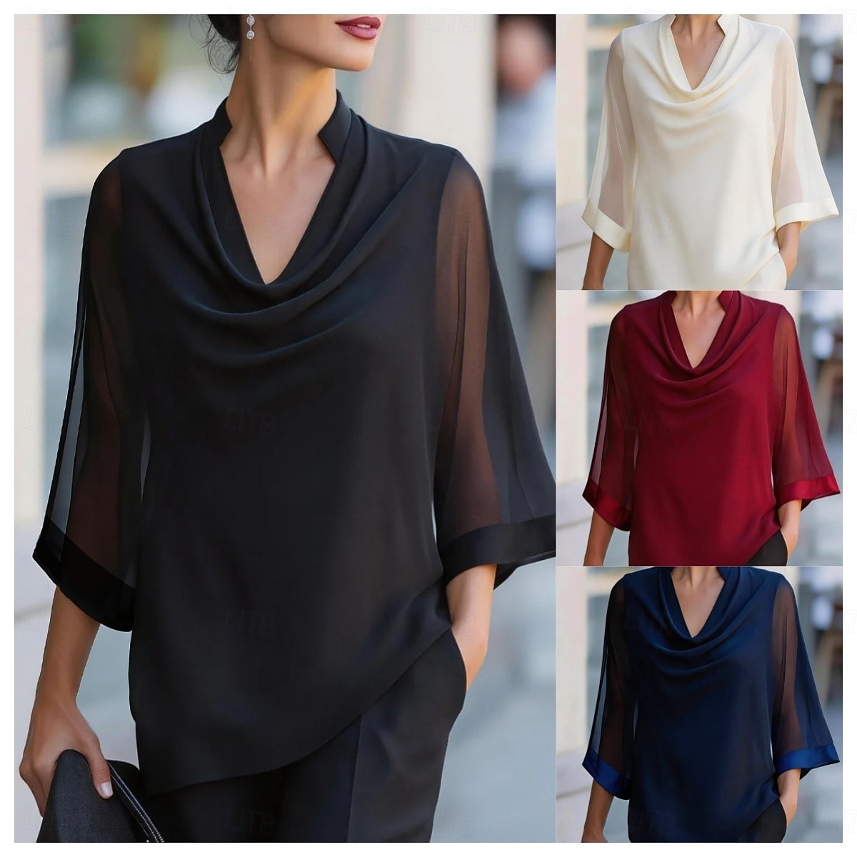 Women's Shirt Blouse Patchwork Solid Color Elegant Streetwear Daily 3/4 Length Sleeve V Neck Regular Tops Casual claret Black Navy Blue Apricot Summer Spring 2026 - $27.99 –P1