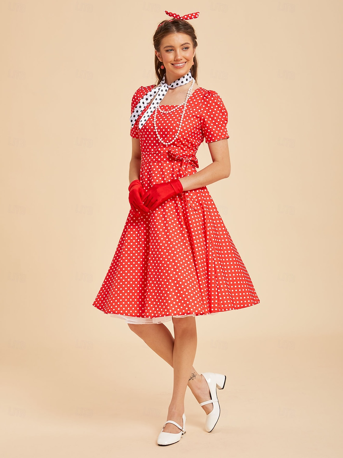 Set 1950s Retro Vintage Rockabilly Petticoat Accesories Set Flare Dress with Accessories Polka dots Fancy Dress Women's Party / Evening Masquerade Bachelorette Party Adults' Dress Gloves Petticoat 2026
