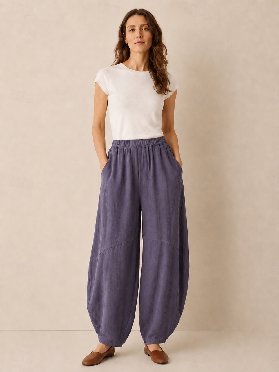 Women's Linen Bloomers Trousers Mid Waist Full Length Drawstring Pocket Vacation Blue Violet Green Summer Fall 2026 - $49.99 –P7