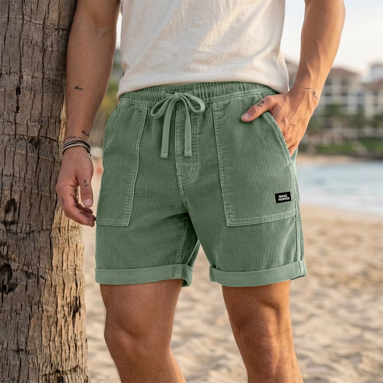 Men's Shorts Casual Shorts Corduroy Shorts Pocket Elastic Waist Plain Comfort Breathable Short Casual Outdoor Beach Vacation Fashion Khaki Black Inelastic 2026 - $27.99 –P3