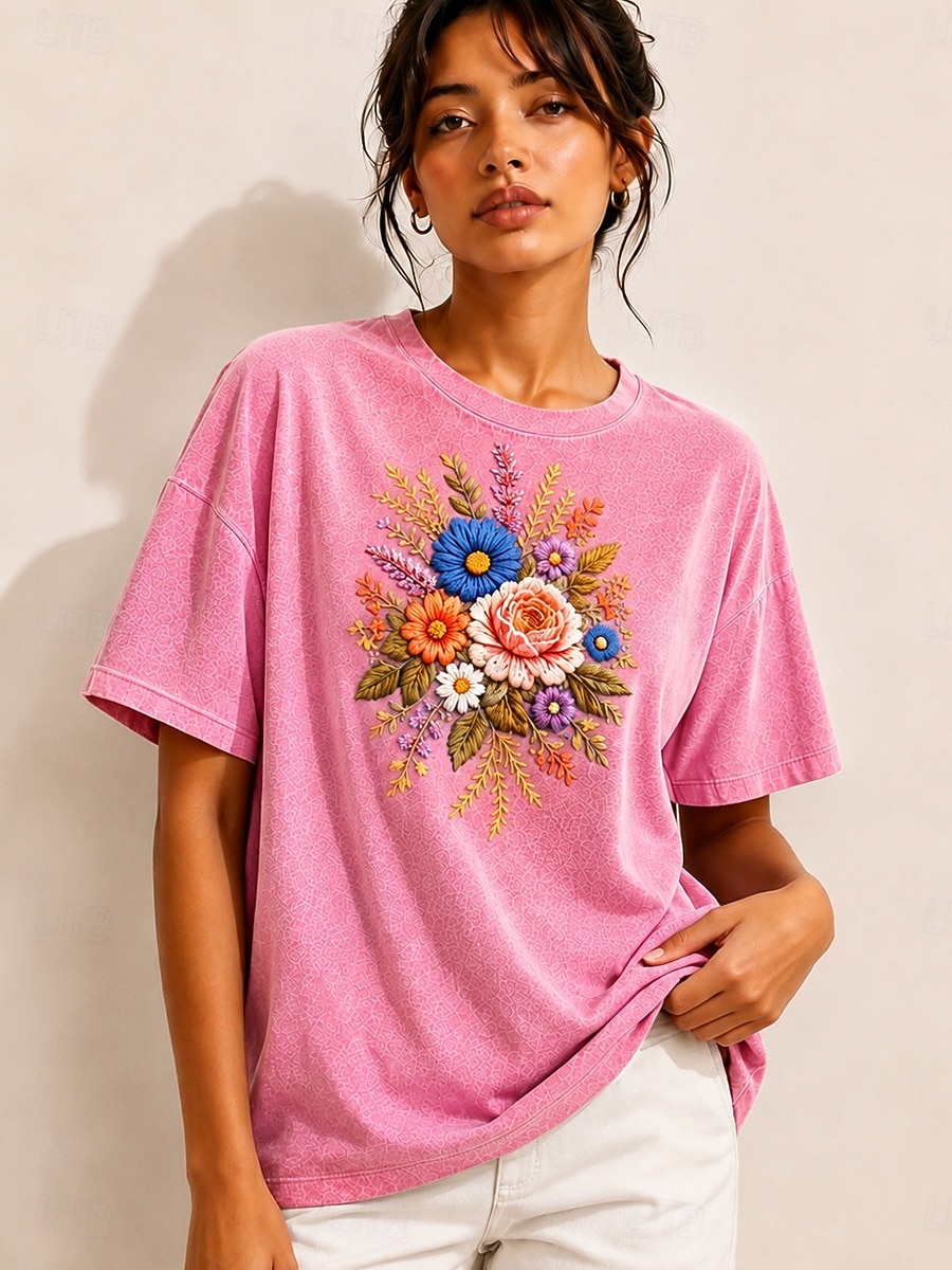 Camisa Feminina Bordada 100% Algodão T-shirt Gráfica Floral Vintage Clássica Casual com Mangas Curtas Gola Redonda Têxteis Regulares Casuais Diários de Fim de Semana Azul Rosa Verde Verão Primavera de 2026 por $33.99 –P7