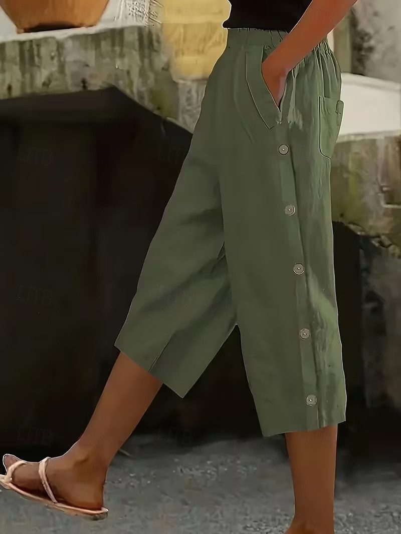 Women's Capri Pants Straight Casual Daily Comfort Calf-Length High Waist Solid Color Patchwork Pocket Button Comfort Inelastic Casual Vacation Black Navy Blue Brown Military Green Summer Spring Loose 2026 - $26.99 –P1