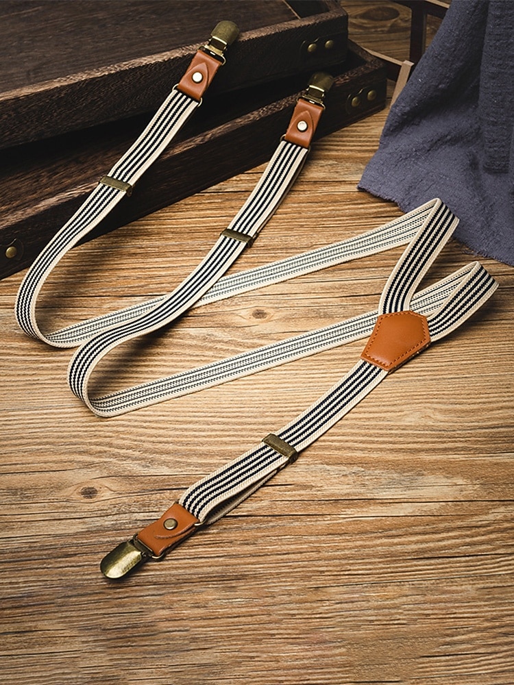 herr vintage randiga elastiska hängslen justerbara polyesterhängslen med läderflikar, klassiska y-formade hängslen för business casual, bröllop, resor, retro gentlemanstil 2026 - $14.99 –P3