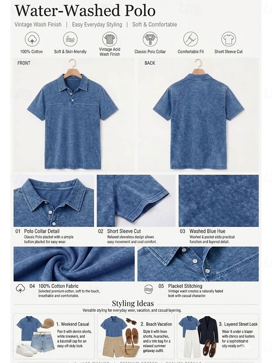 softfade™ dameskjorte i vintage-stil i 100 % bomull med henley-motiv – mykt vaskede, korte ermer 2026 - $28.99 –P3