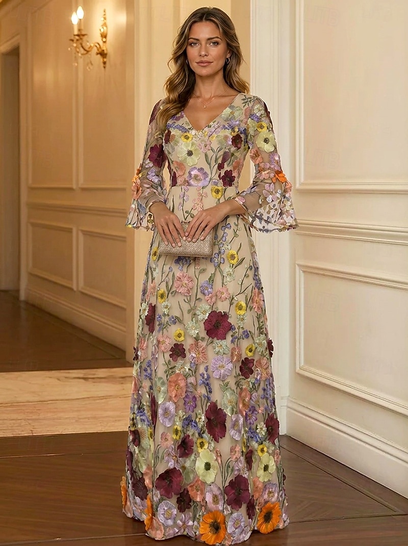 Corte A Hasta el Suelo Vestidos de noche Vestimenta formal Elegante Floral Manga Larga Escote en Pico Boda Formal Encaje con Flores 3D Bordados Apliques 2026 - $182.99 –P5