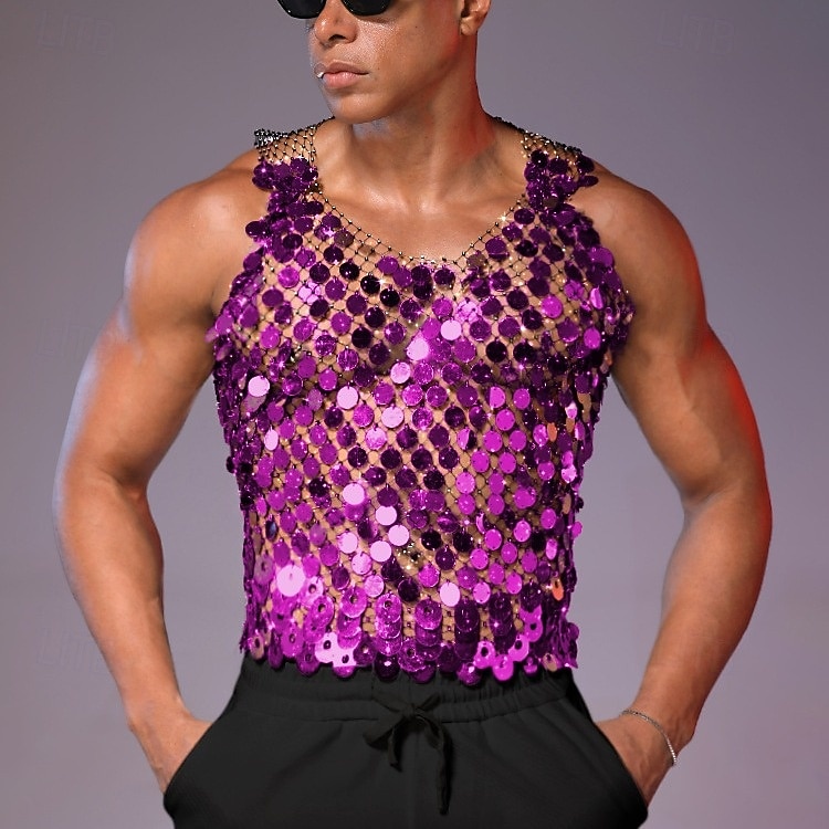 Retro Antiguo Disco Años 80 Top tank Sin Mangas Disco Lentejuelas Metálico Brillante Camiseta con cuello redondo Disfraz Hombre Víspera de Todos los Santos Carnaval Fiesta Club nocturno Adulto 2026 - $37.99 –P5