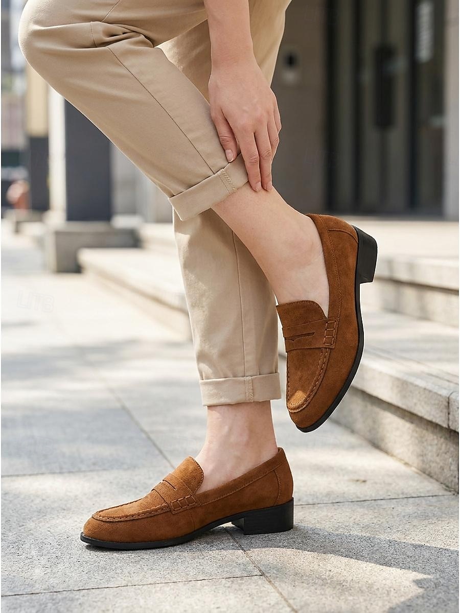 Women's Brown Suede Loafers - Penny Chunky Heel Slip-On Shoes for Pleated Skirts, Casual Streetwear 2026 - $54.99 –P2
