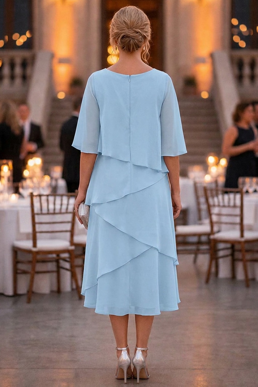 abito a tubino a colonna lunghezza tè abito da festa abito da cocktail abito da invitata a nozze abito da madre della sposa mezza manica scollo a U elegante formale chiffon con volant del 2026 a $137.99 –P3