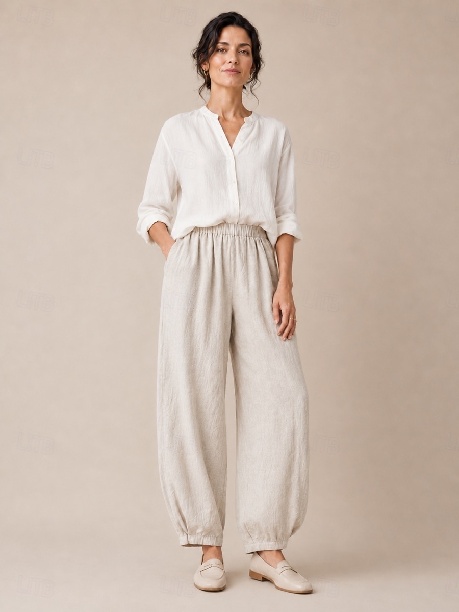 pantaloni de vară din in pentru femei, talie medie, lungime completă, buzunar, talie elastică, culoare vară, alb, negru, bleumarin închis, kaki, toamnă 2026 - $49.99 –P3