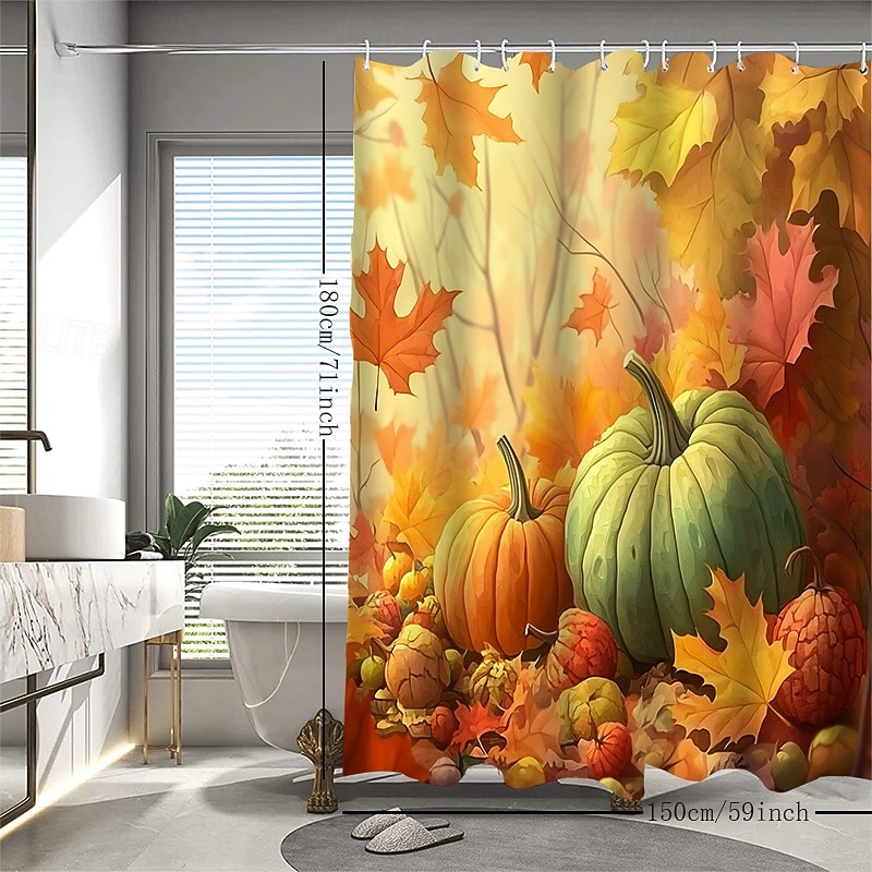 Autumn Harvest Festival Pumpkin Leaf Printed Shower Curtain, Waterproof Fabric Bathroom Decor with 12 Plastic Hooks, Machine Washable 2026 - $26.99 –P9
