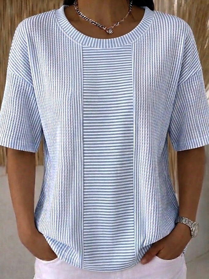 Femmes Tee-shirt Gaufre Tops tricotés texturés Graphique Géométrique Rayé Élégant Classique Manche Courte Col ras du cou Hauts Réguliers Occasionnel Quotidien Bleu Jaune Marron clair Orange Ét de 2026 ? $21.99 –P5