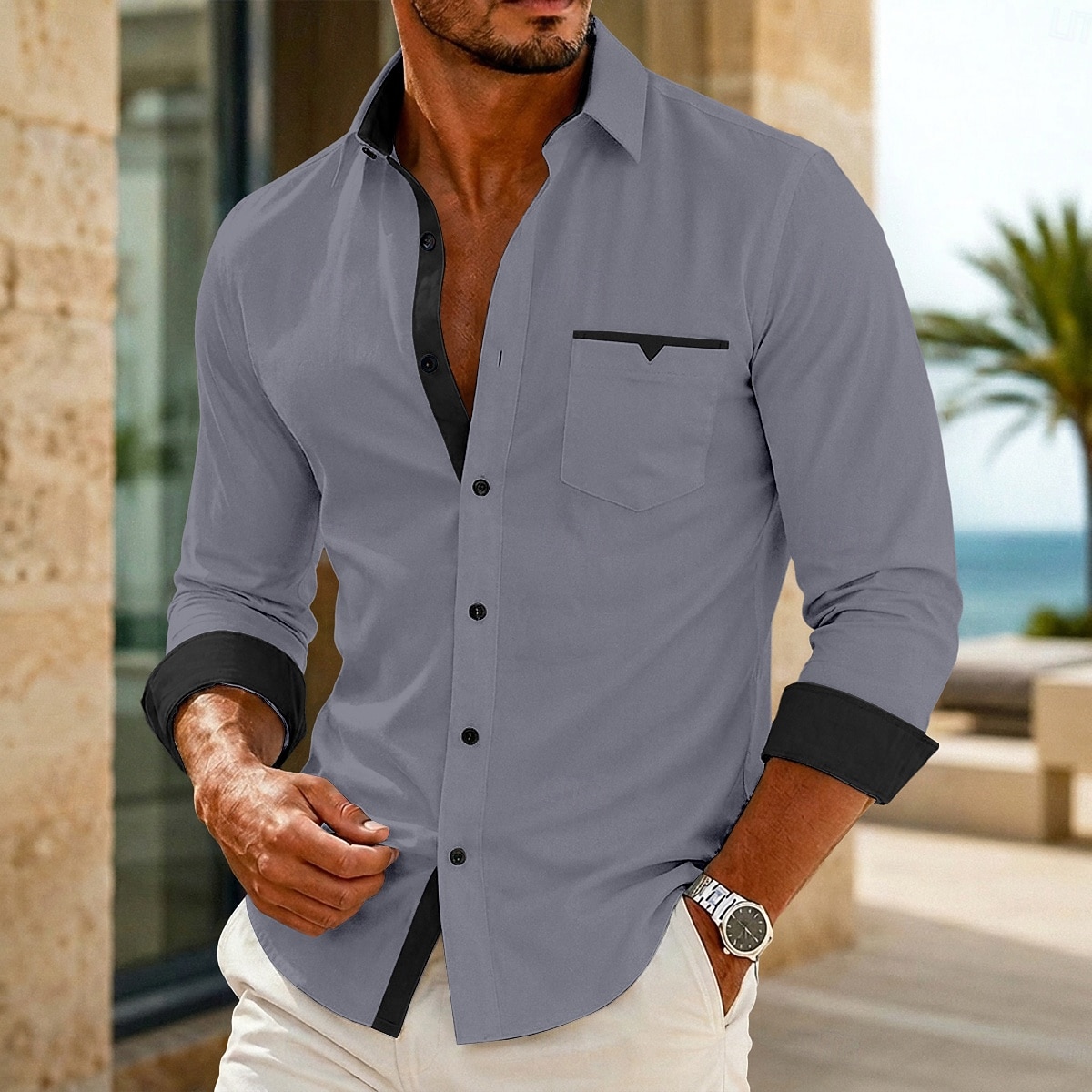Homens Camisa Social Saia camisa de botão Camisa não de ferro Bloco de cor Casual Diário Azul Branco Preto Rosa Manga Longa Aberto para a Lateral Primavera Primavera & Outono Roupa Patchwork de 2026 por $22.99 –P8