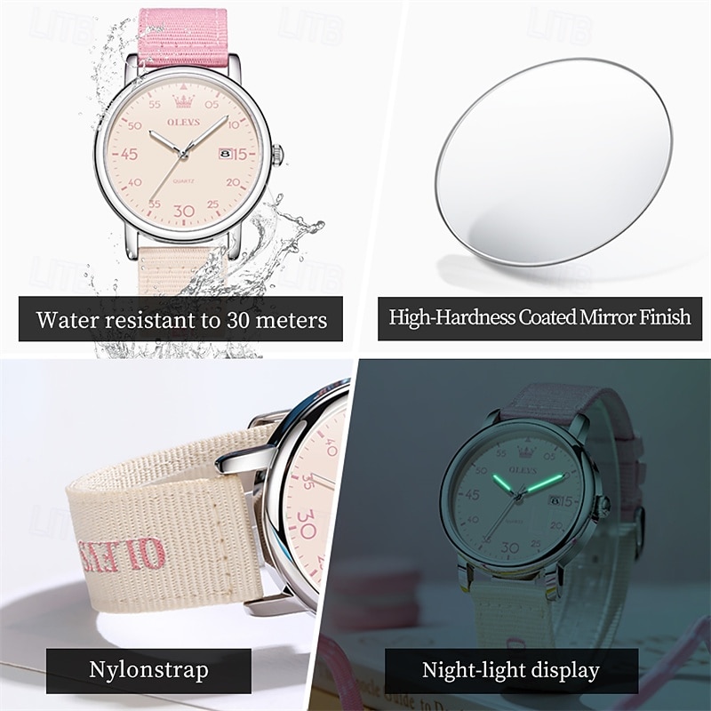 Olevs dameshorloge in roze, schattig analoog quartz polshorloge met datumweergave, casual modieus meisjeshorloge met ademende nylon band, waterdicht tot 30 meter, verjaardagscadeau voor tienermeisjes 2026 - $35.99 –P8