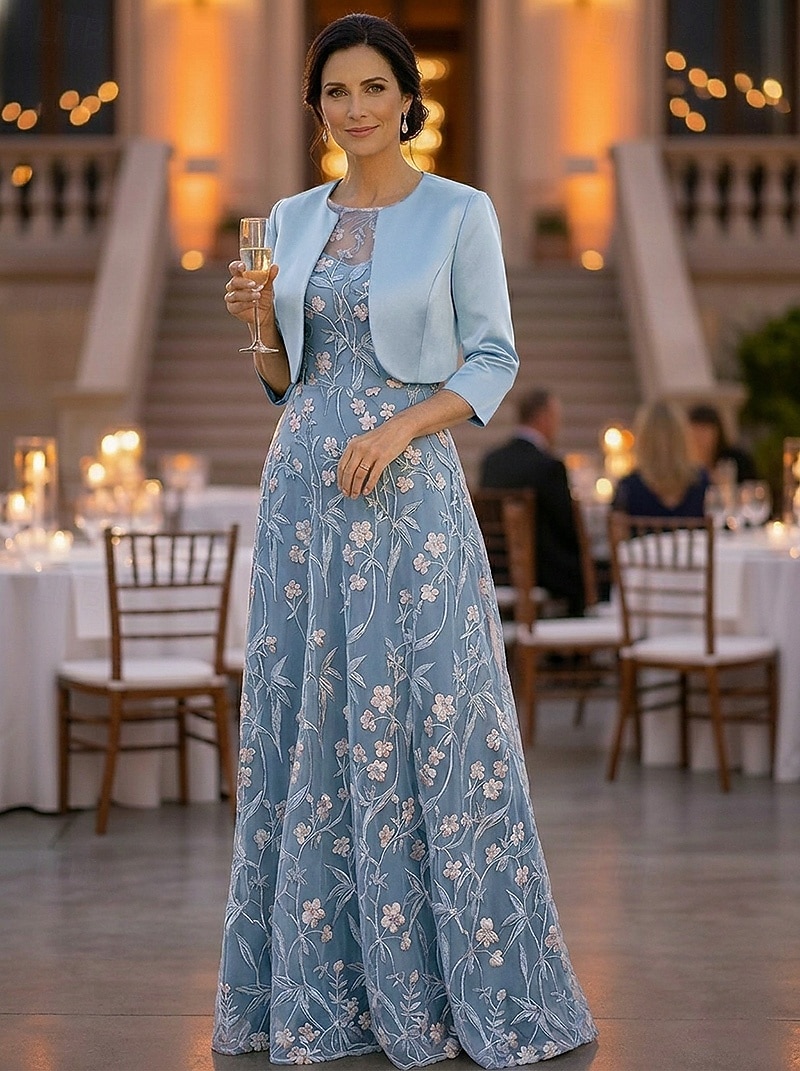 Due Pezzi Linea ad A Lunghezza al pavimento Abito da invitata a nozze Abito da cerimonia per signora Manica Corta Manica 3/4 Scollo a Barca Elegante Semplice Lussuoso Formale Ospite di nozze Raso del 2026 a $172.99 –P5