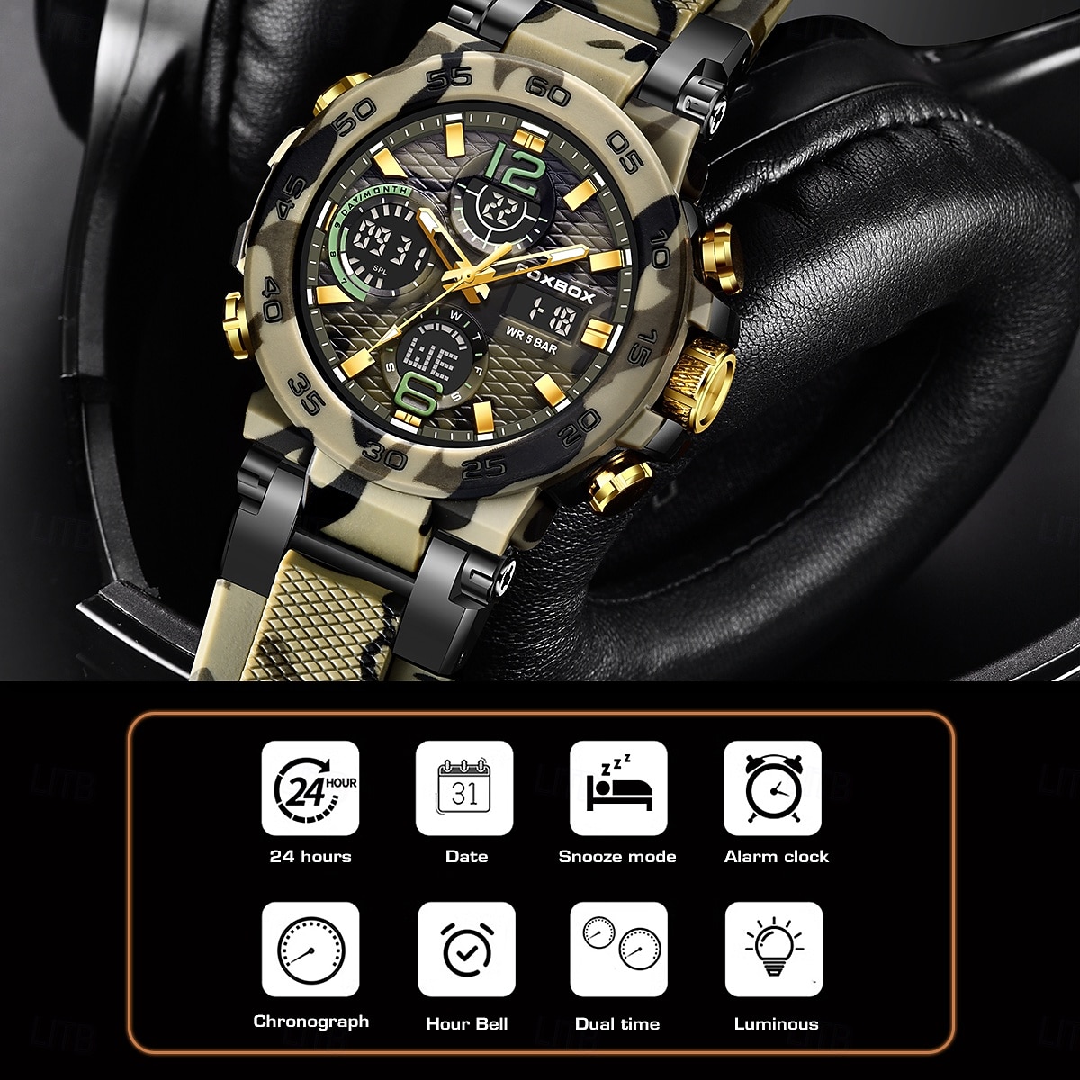 Foxbox heren militair sporthorloge, camouflage tactisch 50m waterdicht analoog digitaal horloge met dubbele display, quartz uurwerk, alarm, chronograaf en datumweergave, robuust outdoor polshorloge 2026 - $33.99 –P6