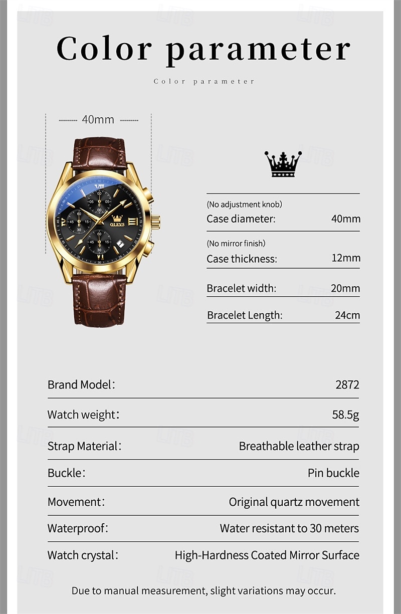 OLEVS Men's Luxury Watch Black Leather Strap Chronograph Waterproof Luminous Analog Quartz Wristwatch with Date Business Fashion Dress Watches for Men Gifts 2026 - $42.99 –P6