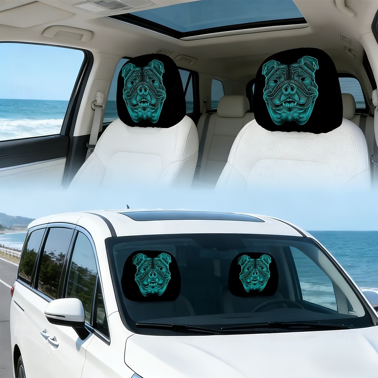 2/4 kpl fluoresoivia bulldog-päänsuojat autoon, trendikäs neonkallokuosi, personoitu auton sisustus, yleismalli, sopii päivittäisiin työmatkoihin, pitkän matkan ajoon, auton lepotuoliin 2026 - $16.99 –P7